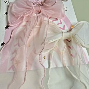 Organza Coquette Long Tail Hair Bows 2pc Pink & Ivory Wavy Edge Barrette Clips